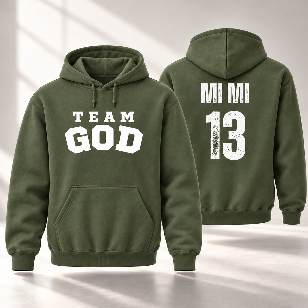 TEAM GOD Roster Hoodie in Anointing Oil with white lettering, front and back