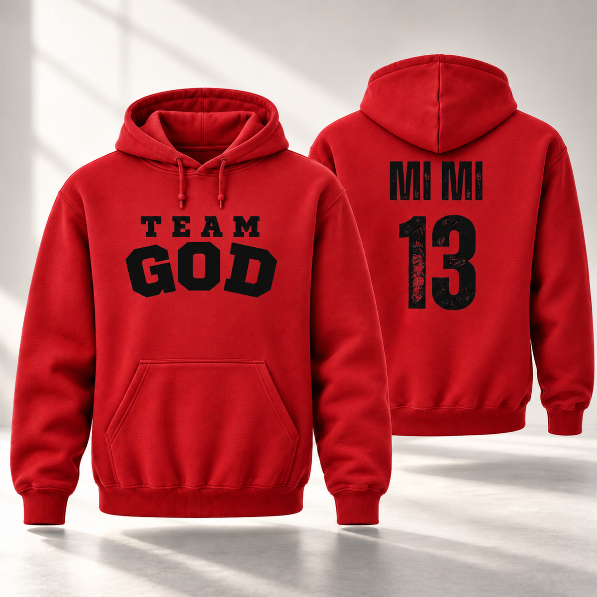 TEAM GOD Roster Hoodie in The Blood with black lettering, front and back