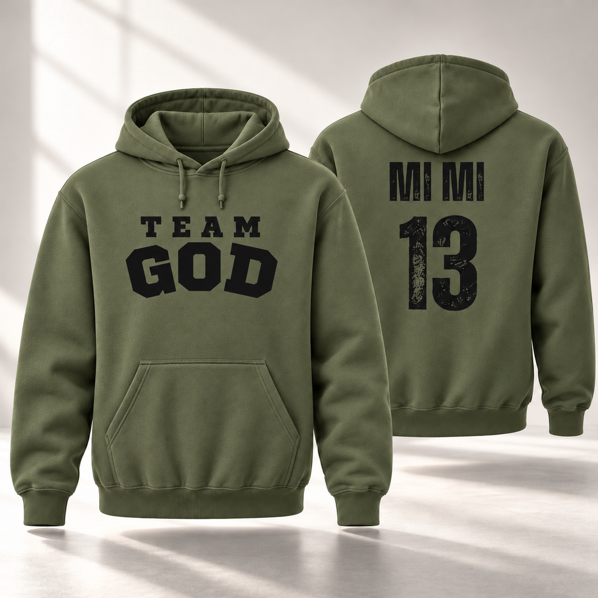 TEAM GOD Roster Hoodie in Anointing Oil with black lettering, front and back
