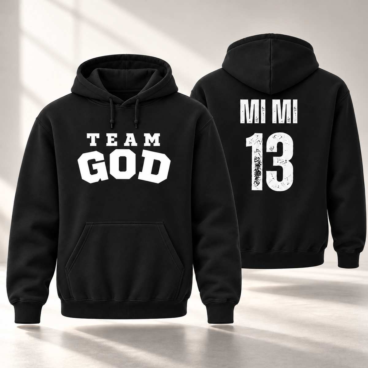 TEAM GOD Roster Hoodie in Armor Black with white lettering, front and back