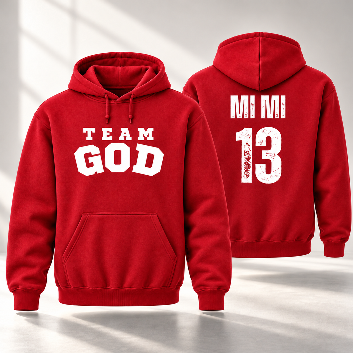 TEAM GOD Roster Hoodie in The Blood with white lettering, front and back