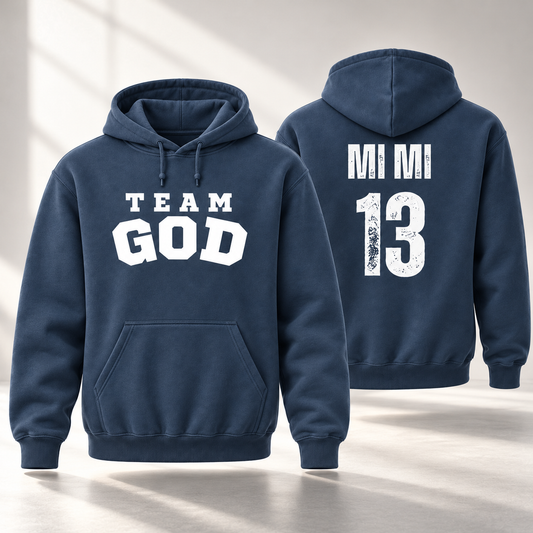 TEAM GOD Roster Hoodie in Kingdom Navy with white lettering, front and back