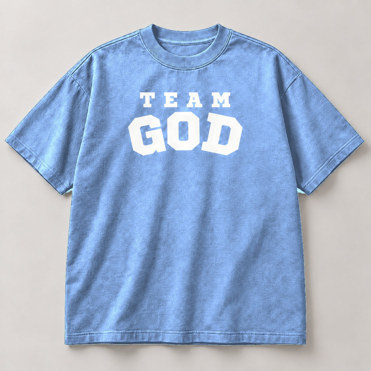 TEAM GOD Varsity Tee in Heaven Blue with white lettering