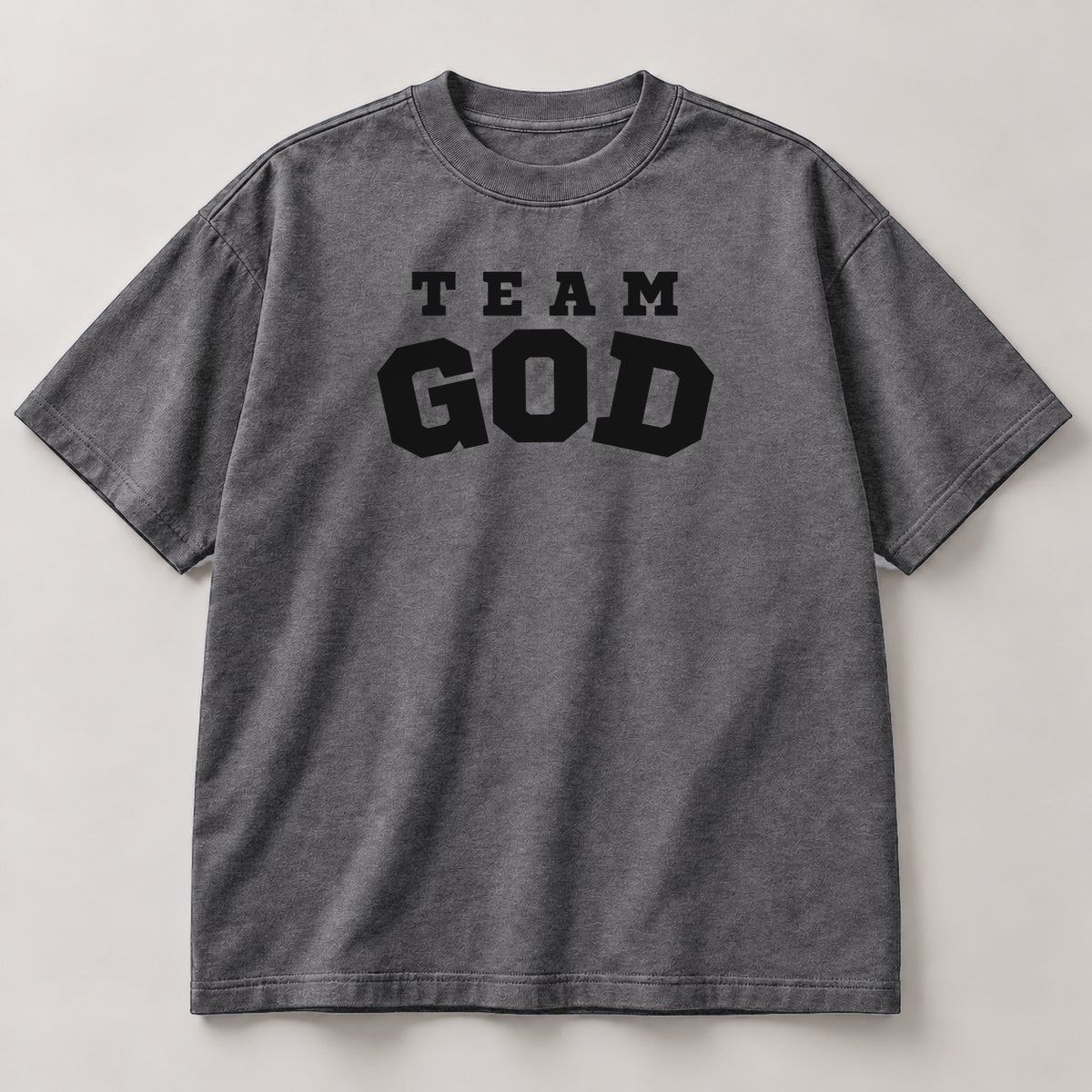 TEAM GOD Varsity Tee in Iron Gray with black lettering