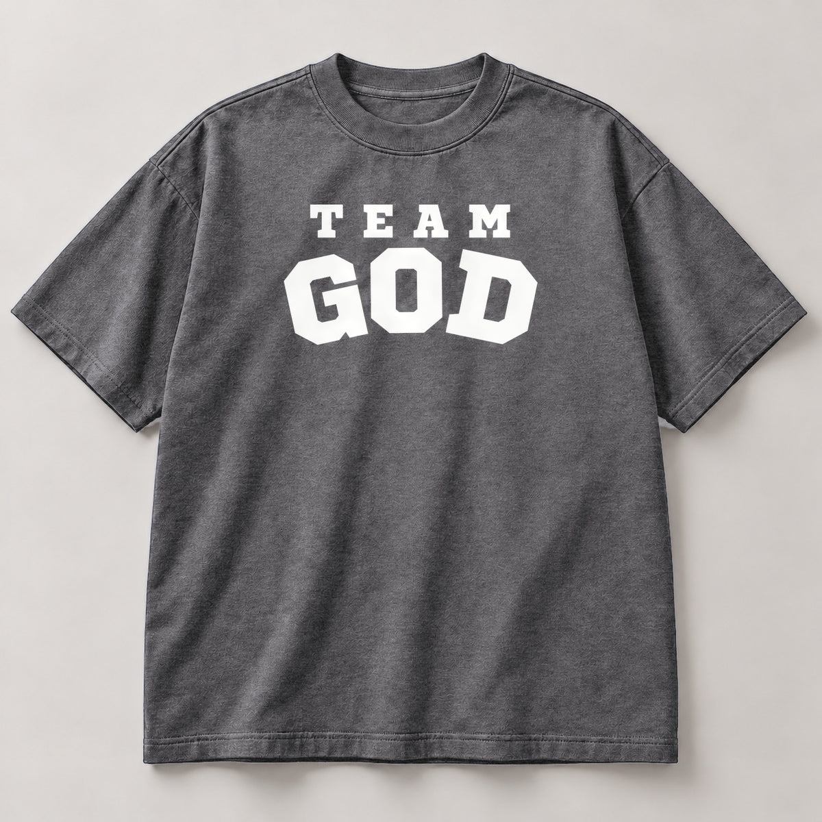 TEAM GOD Varsity Tee in Iron Gray with white lettering