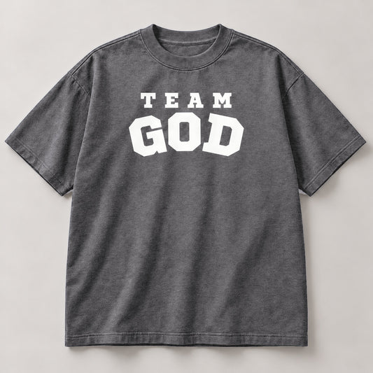 TEAM GOD Varsity Tee in Iron Gray with white lettering